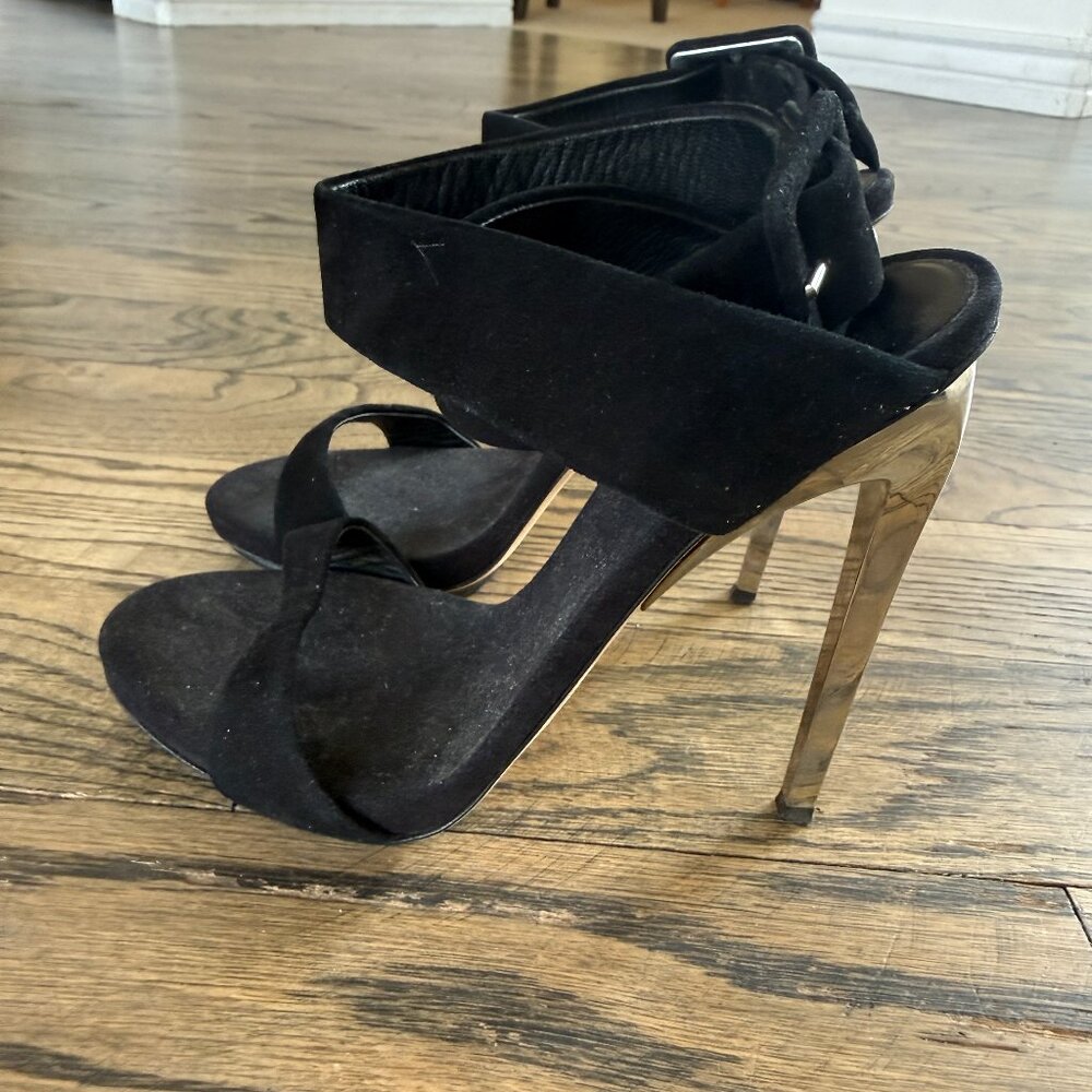 GIUSEPPE ZANOTTI Black Suede Silver Heel Stiletto Sandals Size 35 eu/ 5 us